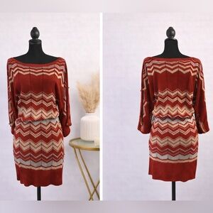 NWT - Chevron Knit Sweater Dress - Rust & Cream Boatneck Long Sleeve